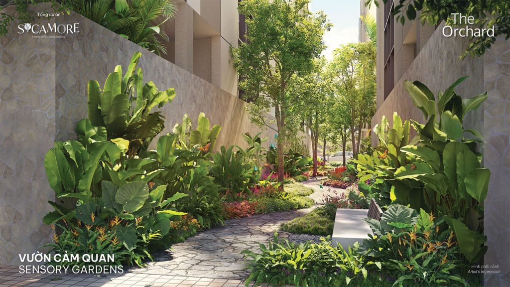 Vườn cảm quan Sensory Gardens mang đến hệ thực vật đa dạng đan xen giữa các dãy nhà tại phân khu The Orchard, đưa ta say đắm vào những trải nghiệm đa giác quan và đến gần hơn với thiên nhiên.