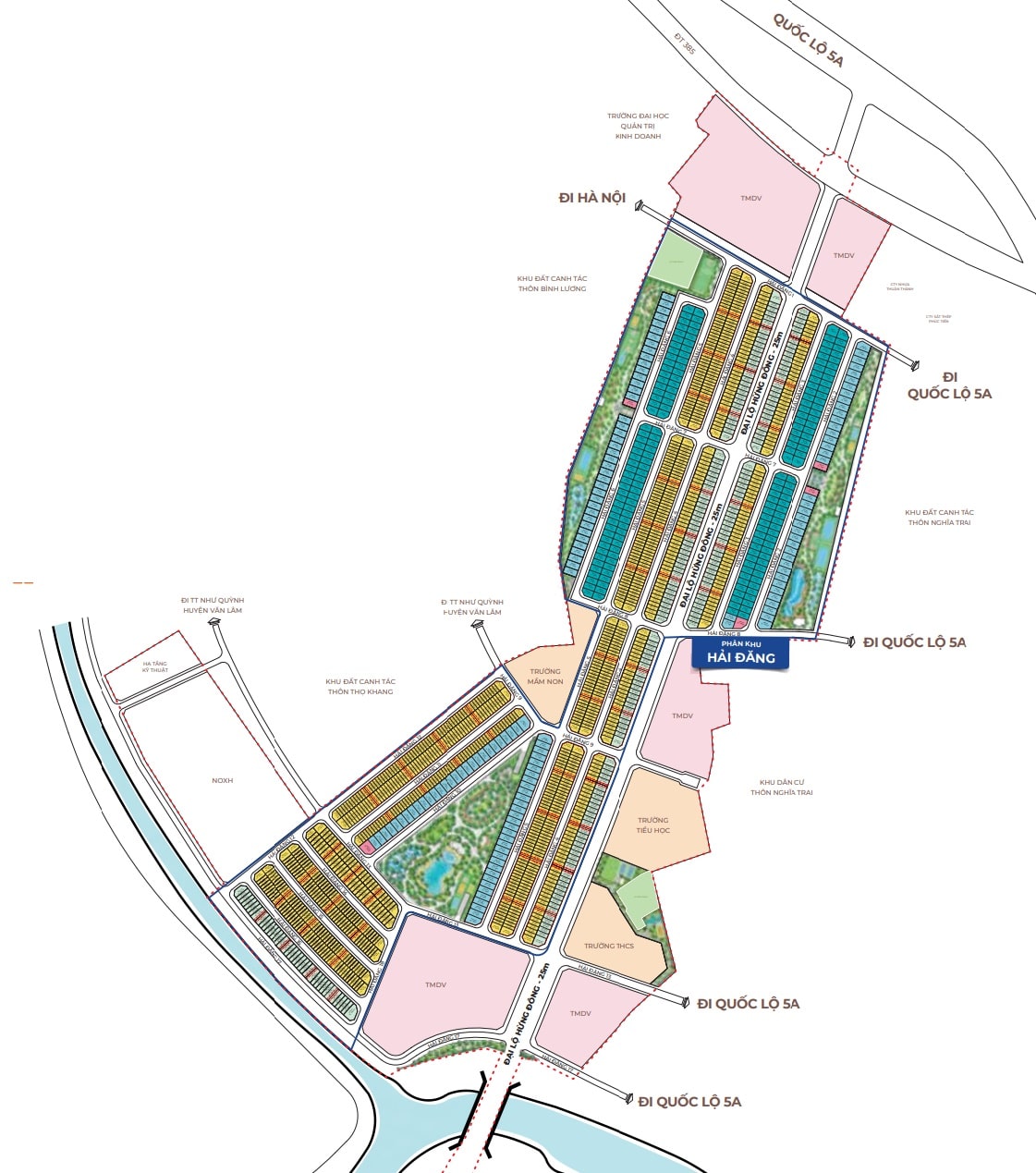 Mặt bằng quy hoạch phân khu The Fullton được thiết kế đồng bộ, phân chia rõ ràng các dãy nhà ở, trường học và tiện ích nội khu, tối ưu kết nối với Quốc lộ 5A và trung tâm vùng Thủ đô