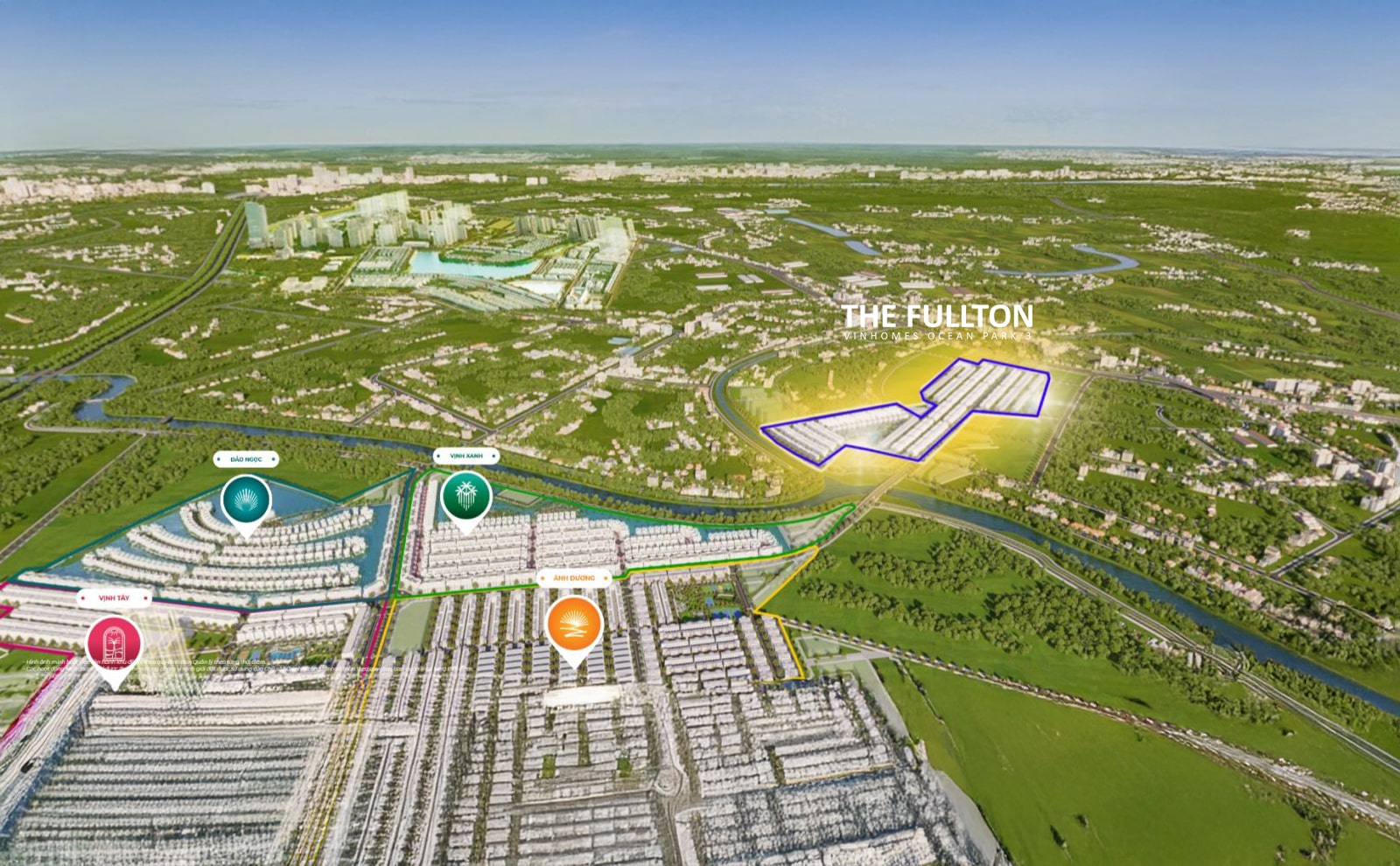 Vị trí chiến lược của phân khu The Fullton tại Vinhomes Ocean Park 3 – kết nối trực tiếp với các trục giao thông huyết mạch, liền kề các phân khu trọng điểm và trung tâm tiện ích của đại đô thị.